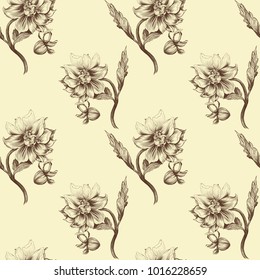 Seamless background.  Vector. Dahlia is a flower and a bud. Foral motifs. Wallpaper. Use printed materials, decoupage cards, posters, postcards, packaging.