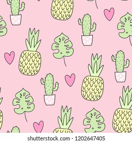 seamless background with vector drawings of cactuses leaves and pineapple on a pink background
