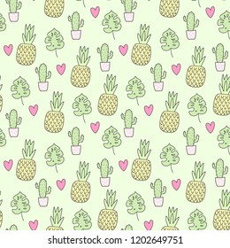 seamless background with vector drawings of cactuses leaves and pineapple on a light background