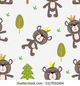 seamless background of vector drawings merry bears in the forest