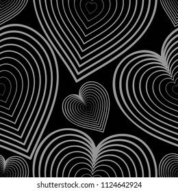 Seamless background with vector hearts. Grey linear elements on black background. Vector symbols of love in shape of heart.