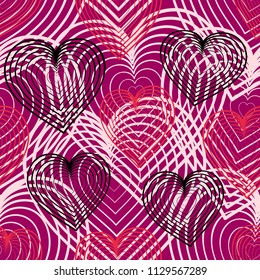 Seamless background with vector hearts. Linear elements on pink background. Vector symbols of love in shape of heart for Happy Women's, Mother's, Valentine's Day, birthday wrapping paper design.
