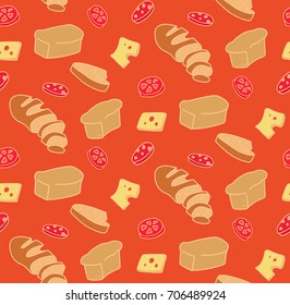 Seamless background, vector illustration of bread, tomato, cheese, sausage