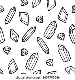 Fondo impecable. Ilustración vectorial. Cristales y minerales de diversas formas. Línea negra. Página colorear. El ocultismo y los rituales.