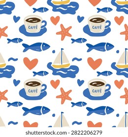 Seamless background. Vector illustration. Cup of coffee, yachts, fish and sea creatures. Mediterranean motif.
