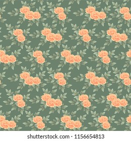 Seamless background Vector illustration of floral pattern of orange cream roses on green background.