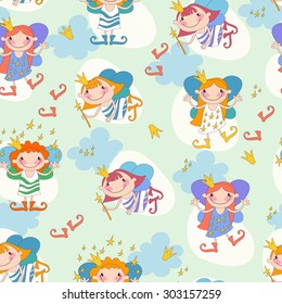 Seamless background vector illustration girls fairies. Fairy with a magic wand and the stars of heaven, fairy with fiery hair.