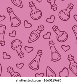 Seamless background. Vector illustration.  Hand drawing. Bottles with fluids and hearts. Flasks with a potion. Medicine and the occult. Pink outline on a pink background. Occultism and rituals. 