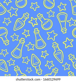 Seamless background. Vector illustration.  Hand drawing. Bottles of liquids and stars. Flasks with a potion. Medicine and the occult. Yellow outline. Blue background. Occultism and rituals.