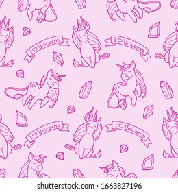 Seamless background. Vector illustration. Hand drawing. Unicorns and crystals. The inscription "I love unicorns." Pink outlines on a pink background. Products for children. Magic items.