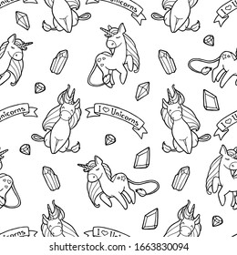 Seamless background. Vector illustration. Hand drawing. Unicorns and crystals. The inscription "I love unicorns." Black outlines on a white background. Coloring page. Products for children. Magic item