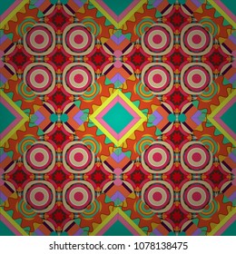 Seamless background. Vector illustration. Maximal element tiles geometric seamless pattern in green, orange and pink colors.