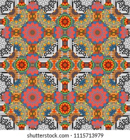 Seamless background. Vector illustration. Maximal element tiles geometric seamless pattern in gray, blue and orange colors.