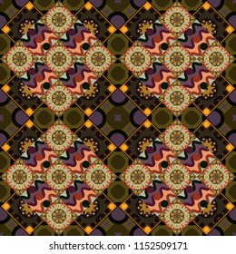 Seamless background. Vector illustration. Maximal element tiles geometric seamless pattern in gray, brown and green colors.