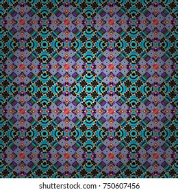 Seamless background. Vector illustration. Maximal element tiles geometric seamless pattern in blue, black and pink colors.