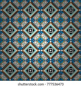 Seamless background. Vector illustration. Maximal element tiles geometric seamless pattern in blue, white and orange colors.