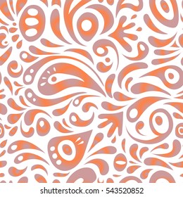 Seamless background. Vector illustration. Neutral and orange damask paisley wallpaper.