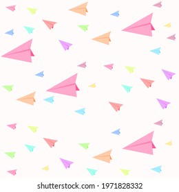 Seamless background vector illustration of paper rocket in various colors on light pink background