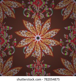 Seamless background. Vector illustration. Seamless pattern with colorful paisley, brown, red and beige flowers and decorative elements. For print on fabric, textiles, wallpaper. Vintage retro style.