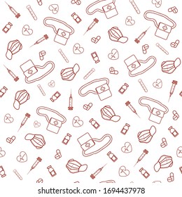 Seamless background. Vector illustration set of different medical and health care elements: protective mask, capsules, tablets, bag,  
syringe, stethoscope in red color