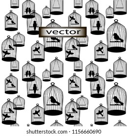 Seamless background Vector illustration of silhouettes of caged birds on white background.