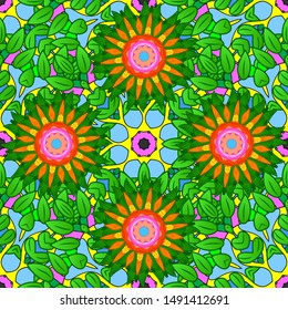 Seamless background. Vector illustration. Vintage retro style. Seamless pattern with colorful paisley, green, blue and orange flowers and decorative elements. For print on fabric, textiles, wallpaper.