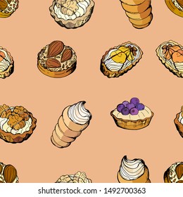 seamless background of vector isolated elements, multi-colored drawings of cakes with cream and berries on a color  background 