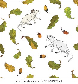 seamless background vector isolated image on a white background. white mice, little white rats among oak leaves and acorns, set, the inscription "it's time to harvest"