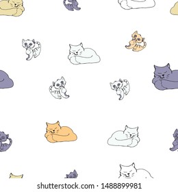 seamless background of vector isolated images of sleeping cats and playing kittens on white and color background