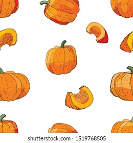 seamless background of vector isolated pictures of whole pumpkins and pieces, doodles and inscriptions  