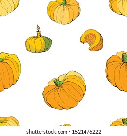 seamless background of vector isolated pictures of whole pumpkins and pieces, doodles