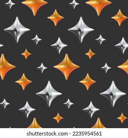 Seamless background vector pattern with 3d realistic shiny sparkle stars in gold and silver metallic colors on dark black background