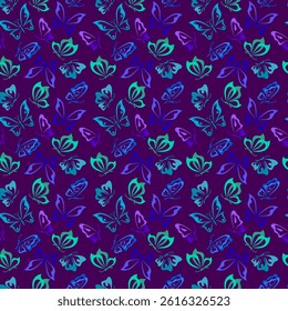 Seamless background vector pattern, bright blue and turquoise butterflies flying on a lilac background. Image for design and printing on fabric, paper, wallpaper.