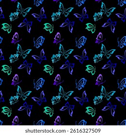 Seamless background vector pattern, bright blue and turquoise butterflies flying on a black background. Image for design and printing on fabric, paper, wallpaper.