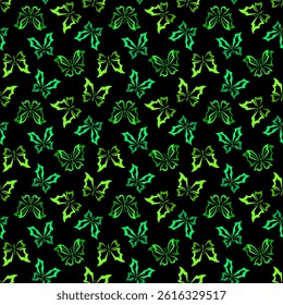 Seamless background vector pattern, bright green butterflies flying on a black background. Image for design and printing on fabric, paper, wallpaper.