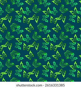 Seamless background vector pattern, bright green butterflies flying on a turquoise background. Image for design and printing on fabric, paper, wallpaper.