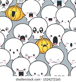 Seamless Background. Vector Set Of Cute Skulls And Pumpkins Celebrating Halloween. Kawaii Vector Set