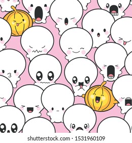 Seamless Background. Vector Set Of Cute Skulls And Pumpkins Celebrating Halloween. Kawaii Vector Set
