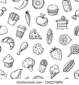 A Seamless Background Vector Sketch Pattern Of Deli Grocery Food And Drink: Coffee, Soda, Meat, Vegetables, Bakery