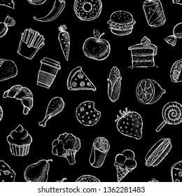 A Seamless Background Vector Sketch Pattern Of Deli Grocery Food And Drink: Coffee, Soda, Meat, Vegetables, Bakery