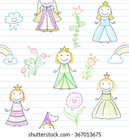 Seamless background with vector sketches with happy little princesses and flowers. Sketch on notebook page