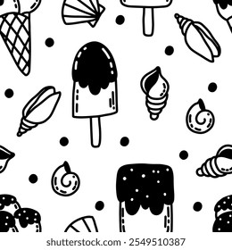 Seamless background Vector summer. Summer beach vacations. Holidays. Ice cream and shells. Pattern for napkins, tablecloths, textiles, children rooms, packaging, clothing