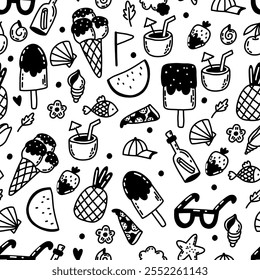 Conjunto de verano de Vector de fondo sin fisuras. Vacaciones de verano en la playa. Días festivos. Dibujado a mano doodle ilustración. Patrón para servilletas, manteles, textiles, habitaciones de niños, embalaje, ropa