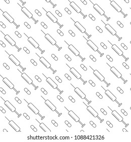 Seamless background Vector with syringe and pill. Illustration in modern flat style.