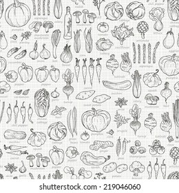 Seamless background of vegetables and spices, hand-drawn illustration in vintage style.