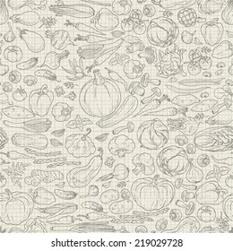 Seamless background of vegetables and spices, vector hand-drawn illustration in vintage style.