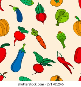 Seamless background of vegetables and spices, vector hand-drawn illustration