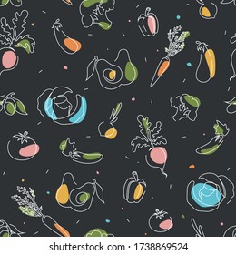 Fondo de verduras sin foco. Ilustración vectorial en estilo de línea.
