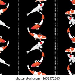 Seamless background vertical hand drawn koi carps seamless pattern with line stitches in vector EPS10 traditional Japanese painting style design for fashion,fabric and all prints on black