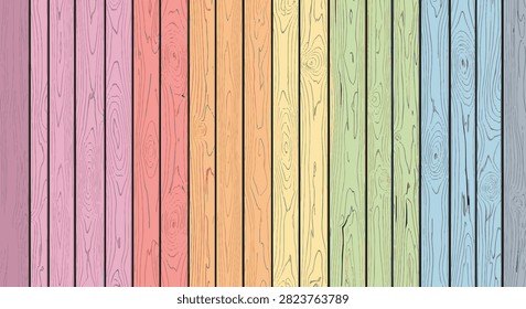 Seamless background of vertical wood slats painted in a pastel rainbow gradient. Features realistic wood grain texture with colors transitioning from purple and pink to yellow, green, and blue.